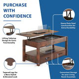 Lift Top Coffee Table with Hidden Compartment & 2 Storage Shelves - Living Room Dining Table with Rising Tabletop Lifttop Desk for Apartment, Home, Condo - Rustic Brown Lifetime Home