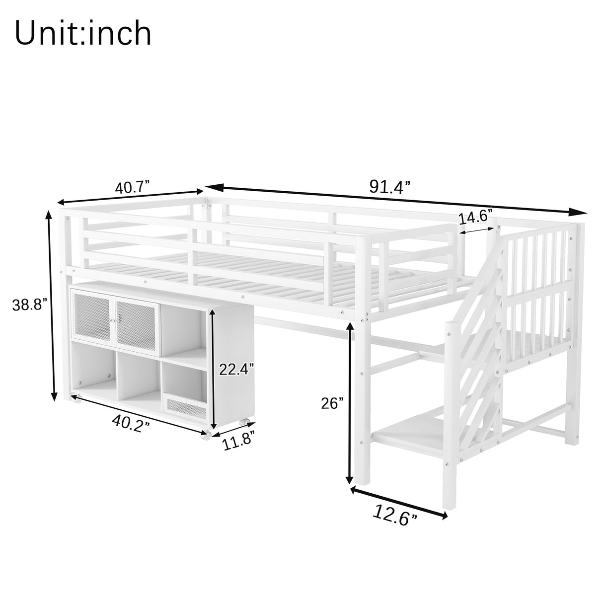 LUMISOL Twin Low Loft Bed with Stairs, Metal Loft Bed with Storage Cubby, No Noise, White LUMISOL