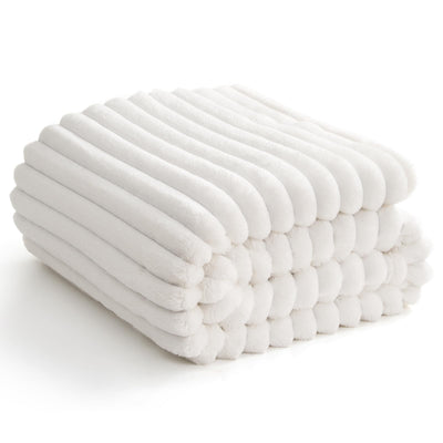 HIMEET Fuzzy Blanket Fleece Blanket White Cozy Throw Blanket for Couch Lap Blanket Fluffy Velvet Plush Soft Ribbed Design Wash Up Nicely for Adults for Women