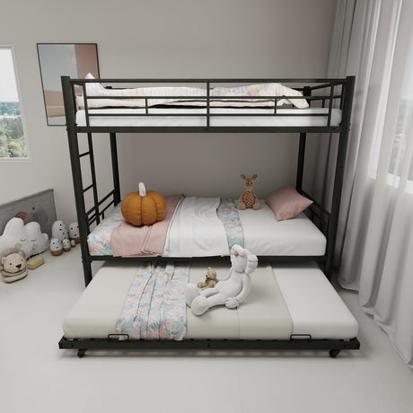 QSOSTNS Twin Over Twin Metal Bunk Bed with Trundle，Heavy Duty Bunk Beds Frame with 2 Side Ladders afety Guardrails and ladders for Kids/Teen/Adults, Easy to Assemble, No Box Spring Needed(Black) QSOSTNS