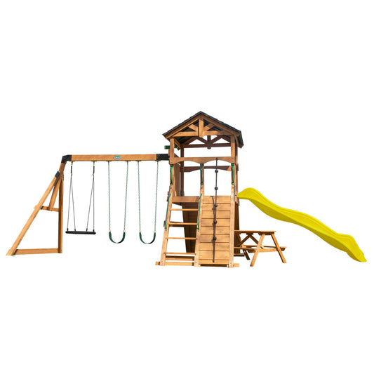 Backyard Discovery Endeavor II All Cedar Wood Swing Set Playset for Backyard with Yellow Wave Slide Climbing Wall with Rope Picnic Table Double Wide Rock Wall 2 Belt Swings and 1 Web Swing Gift