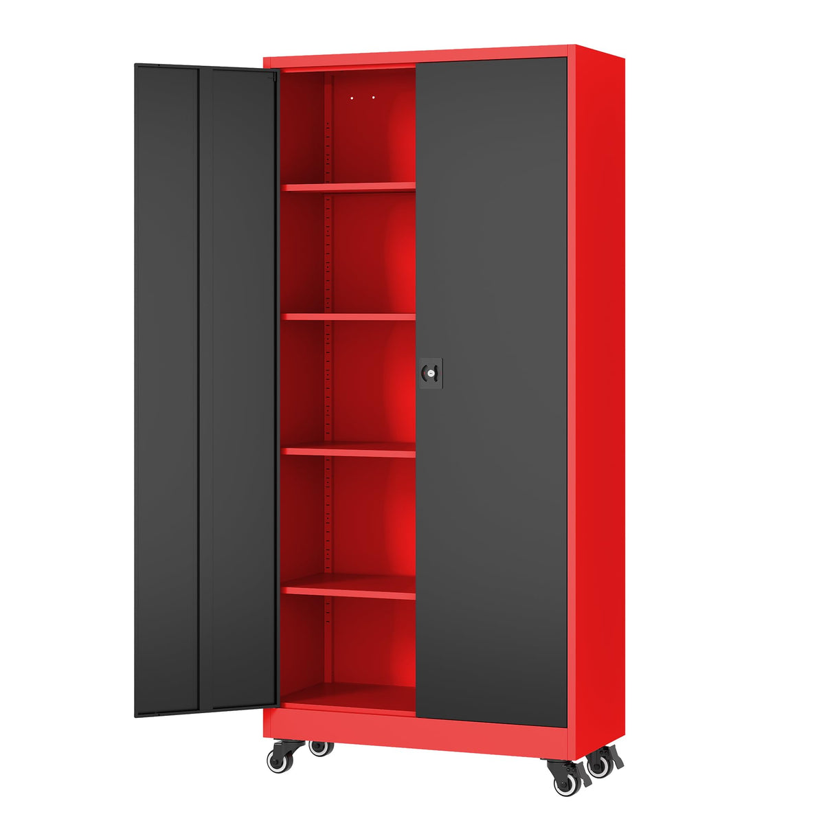 Fesbos Metal Rolling Storage Cabinet-74.6” Tall Steel File Cabinets with Wheels Lockable Doors and Adjustable Shelves-Black & Red Steel Storage Cabinet for Home, School, Office, Garage Fesbos