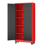Fesbos Metal Rolling Storage Cabinet-74.6” Tall Steel File Cabinets with Wheels Lockable Doors and Adjustable Shelves-Black & Red Steel Storage Cabinet for Home, School, Office, Garage Fesbos