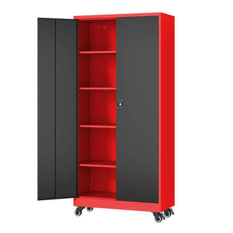 Fesbos Metal Rolling Storage Cabinet-74.6” Tall Steel File Cabinets with Wheels Lockable Doors and Adjustable Shelves-Black & Red Steel Storage Cabinet for Home, School, Office, Garage Fesbos