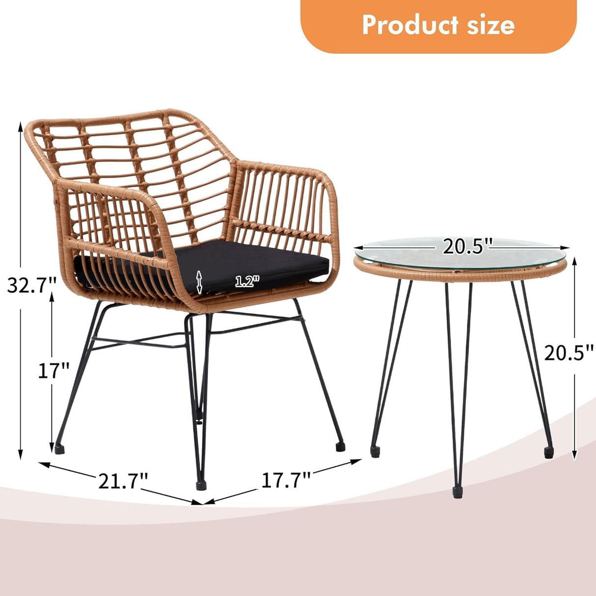KROFEM 3 Pieces Wicker Patio Bistro Furniture Set, includes 2 Chairs and Glass Top Table, Ideal for Porch, Outdoor, Backyard, Apartment, Balcony Natural Color KROFEM