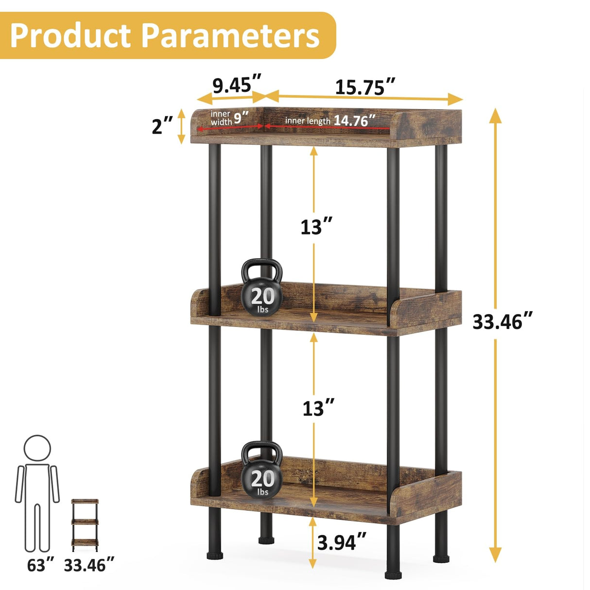 Hosfais Bookshelf Small Book Shelf, 3 Tier Wood Bookcase Industrial Bookshelf Metal Standing Book Shelves Display Book Rack for Living Room Bedroom Home Office (Rustic Brown) Hosfais