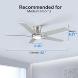 POCHFAN 52 Inch Ceiling Fans With Lights and Remote, Brushed Nickel Flush Mount Low Profile Ceiling Fan for Bedroom, Living Room, Patio, Dimmable 6 Speeds Noiseless Reversible POCHFAN