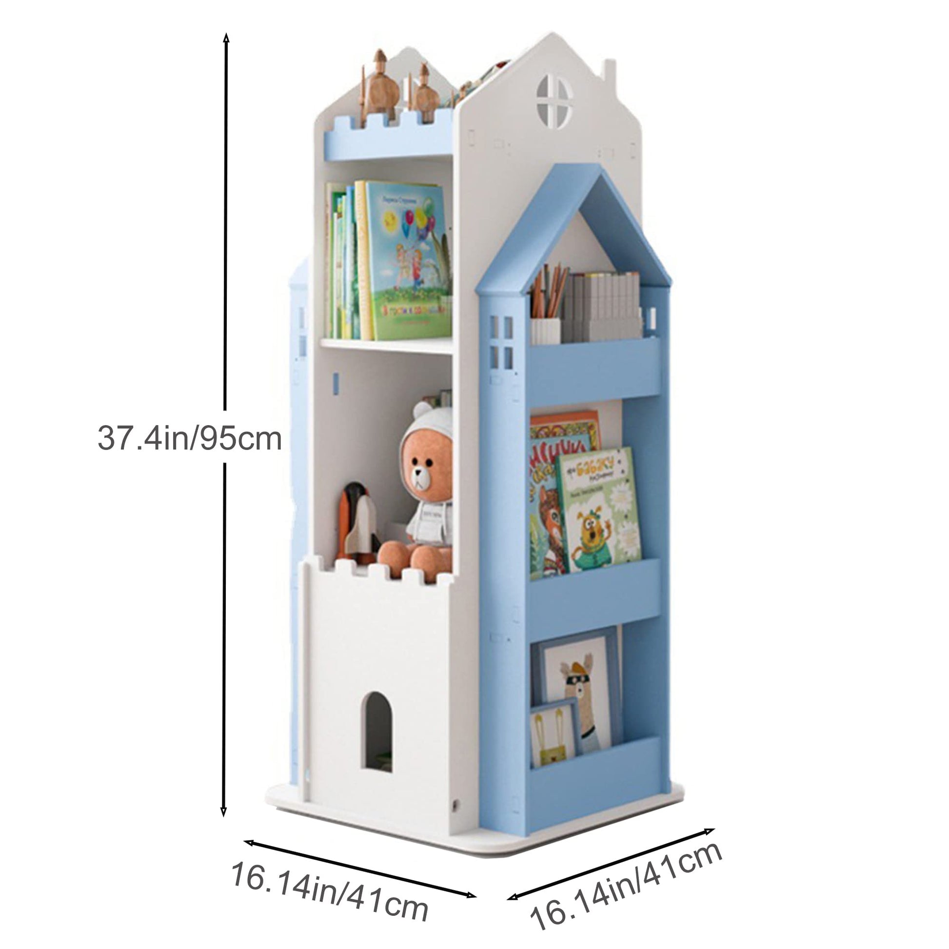 MYOYAY 360° Rotating Children's Bookshelf - 3 Tier Swivel Bookcase in Blue, Ideal for Kids' Bedroom Storage - WoodArtSupply