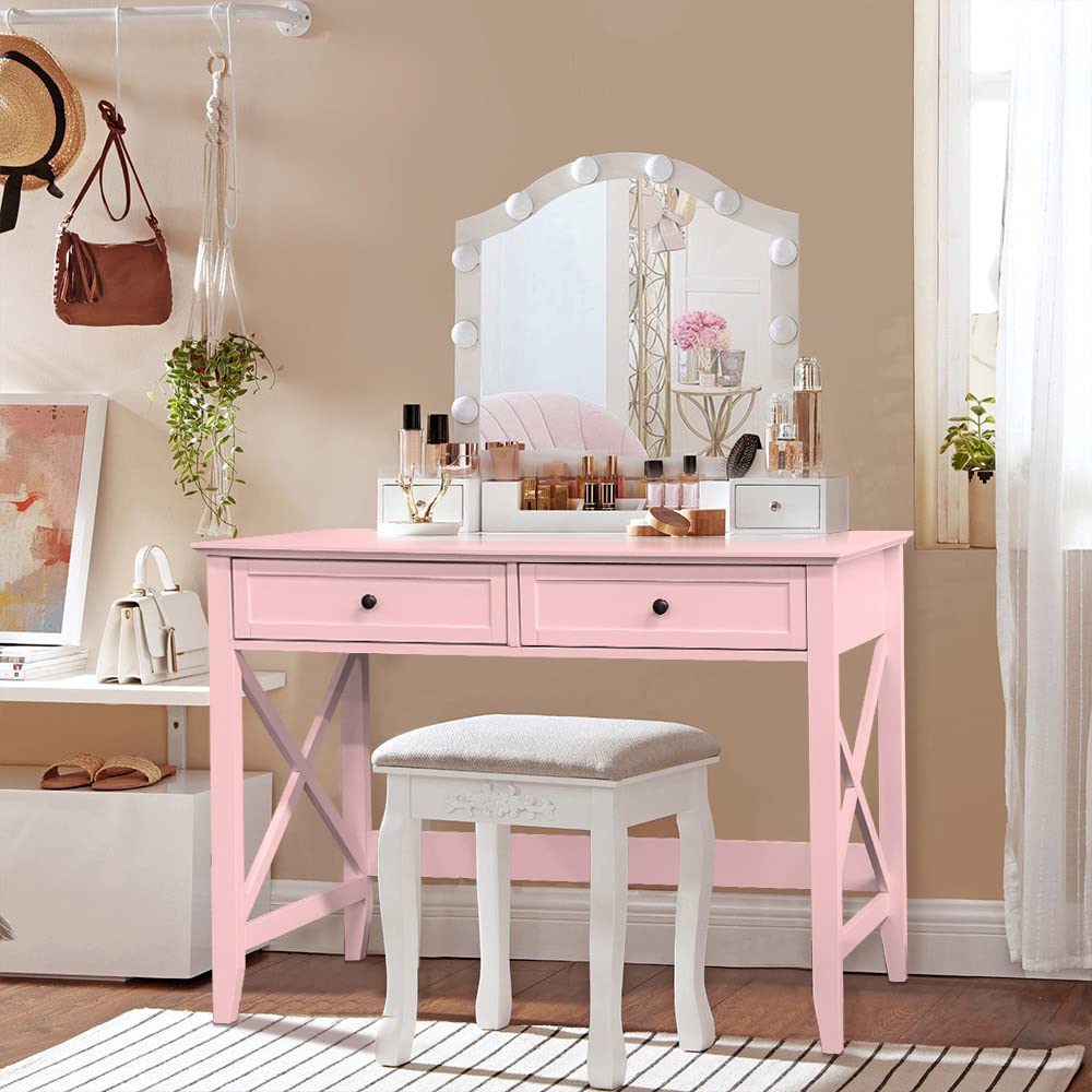 Lewahom Writing Computer Desk with Drawers, Cute Modern Table for Bedrooms, Pink Vanity Table Office Desk with Drawers, Home Computer Desk for Girls Living Room Entryway, Pink Lewahom