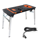 LEADALLWAY 7-in-1 Workbench Folding with Power Outlet and 33FT Long Power Cord Painted Work Table as Workbench, Scaffold,Platform,Sawhorse,Car Creeper and Hand Truck with 4 Wheels, Black LEADALLWAY