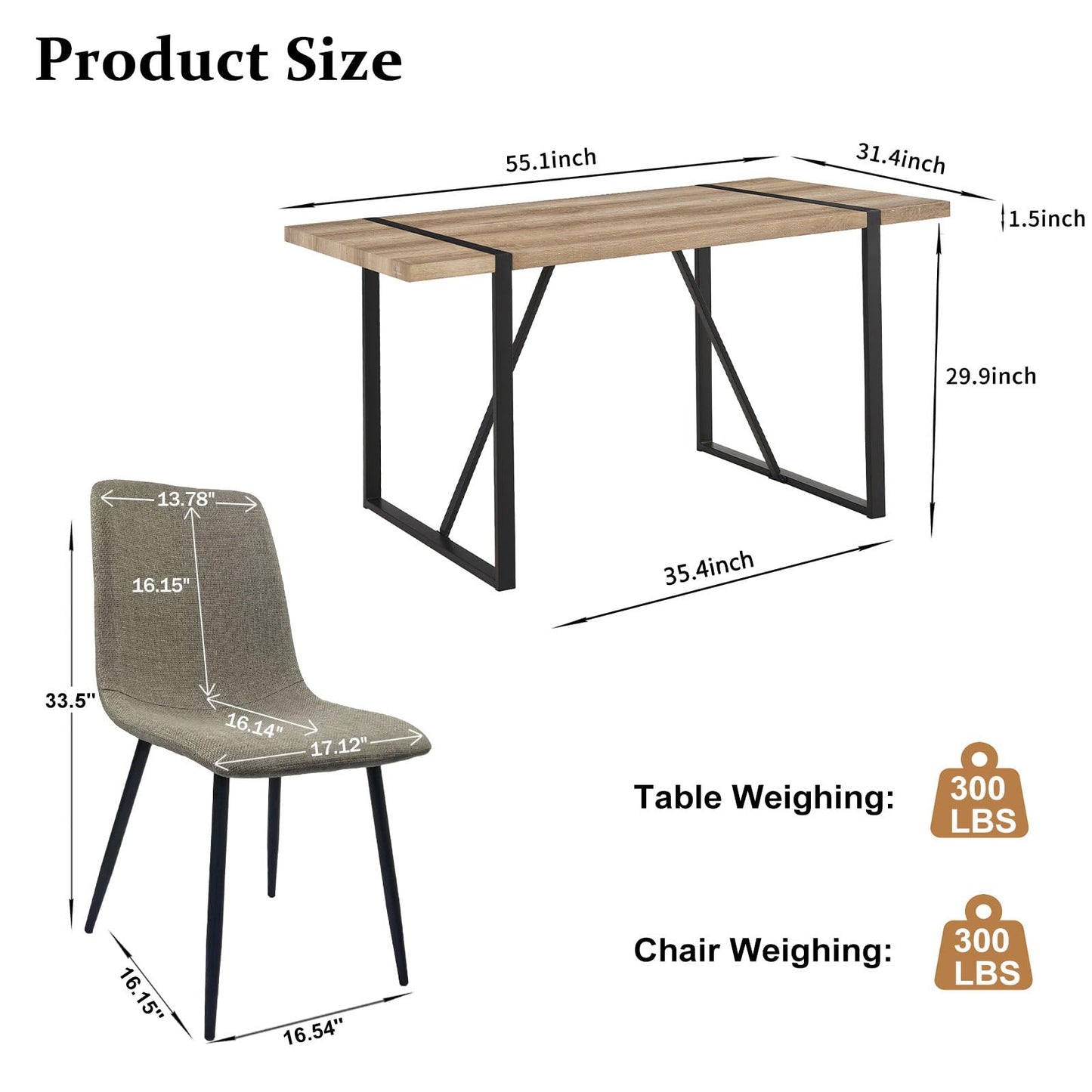 WIIS' IDEA Modern Dining Table Set for 4,Rectangular Solid Wood Dining Table for 4 People,Metal Base and Legs,Suitable for Living Room,Dining Room,Kitchen,55" Dining Table+4Gray Chair - WoodArtSupply