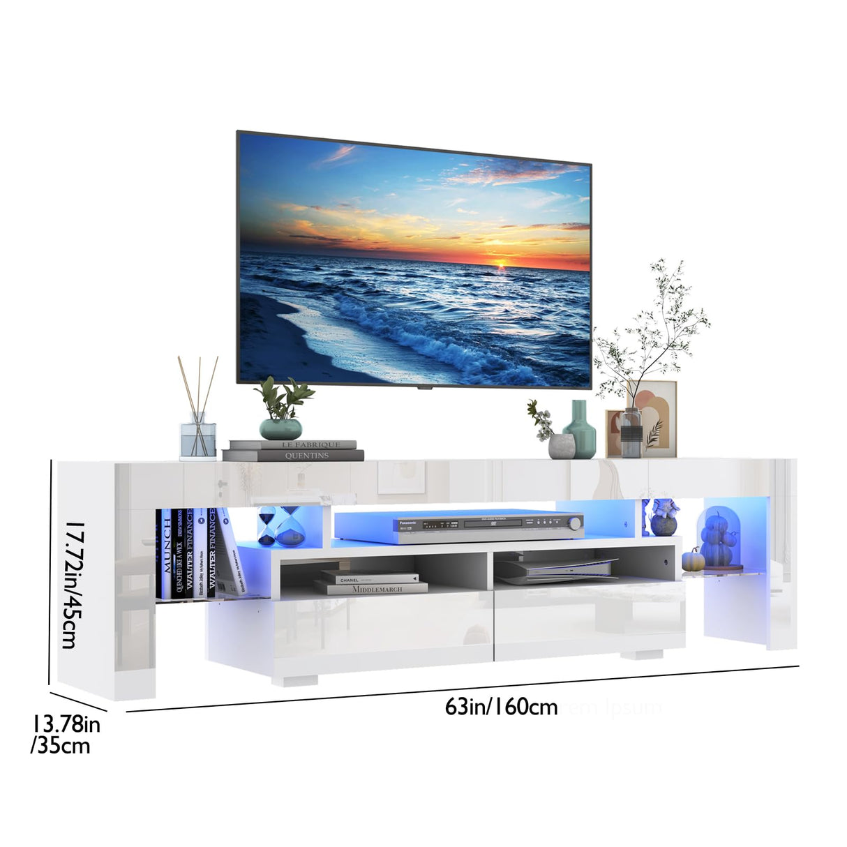 Vinctik 6&Fox LED TV White Stand for 55/60/65inch TV,Modern Entertainment Center with 2 Storage Drawers and LED Light, High Glossy TV Console,TV Table Media Furniture (63inch, White 1) Vinctik 6&Fox