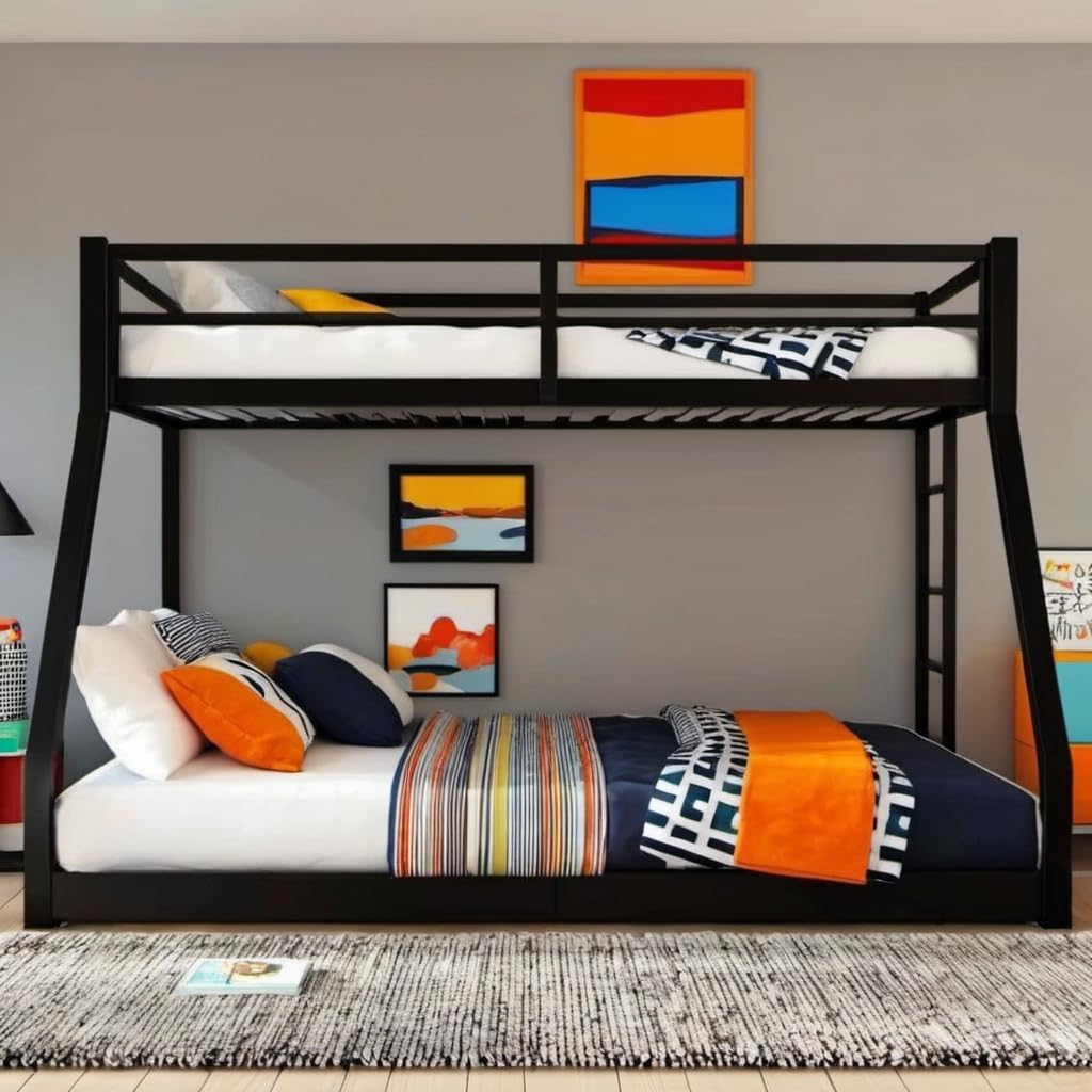 PVWIIK Metal Twin XL Over Queen Bunk Bed w/Ladder and Safety Guardrail for Kids Teens Adults,Heavy-Duty Sturdy Bunk Bed,No Box Spring Needed,Black PVWIIK