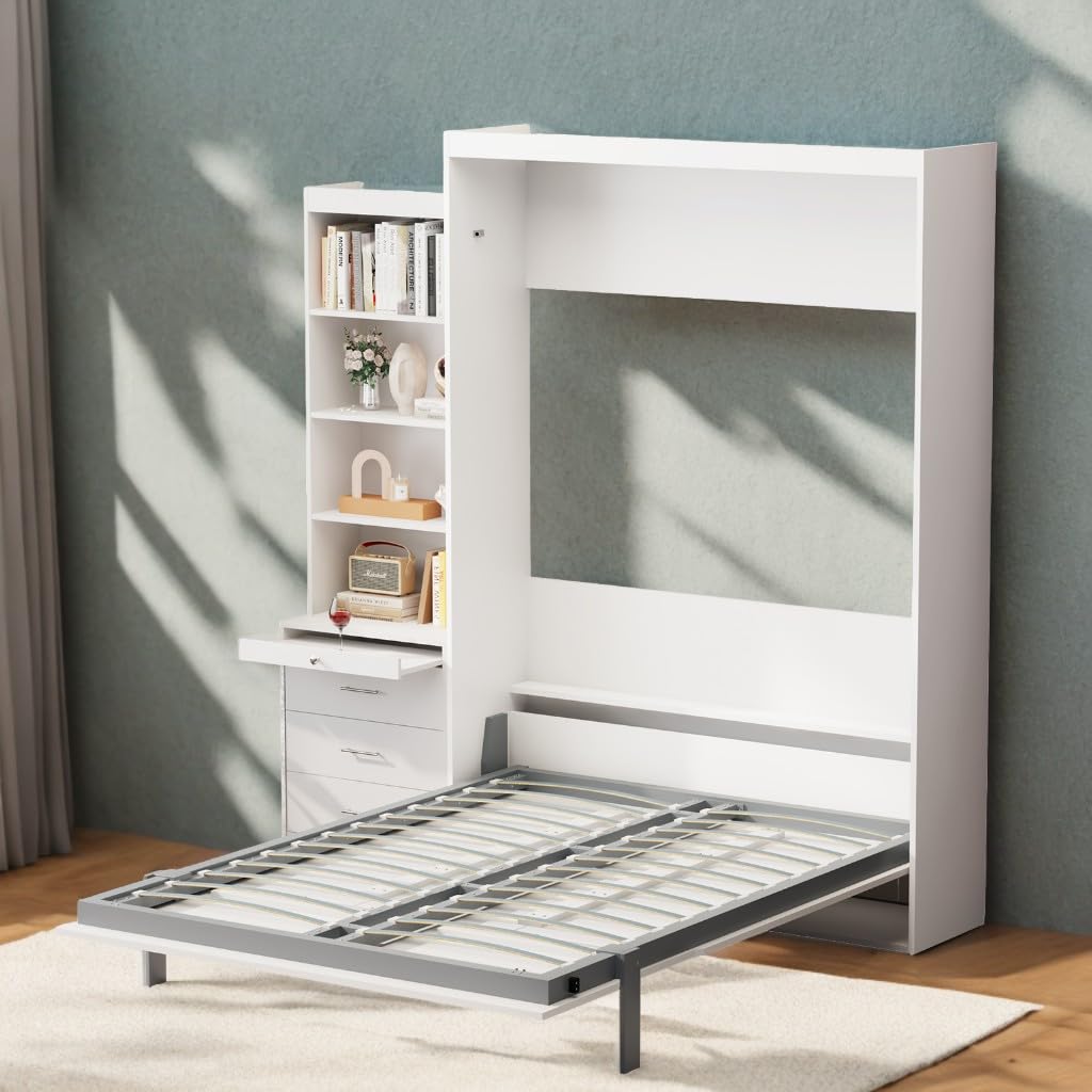 FAVSH Full Size Murphy Bed Cabinet with Shelf and Drawers, Plywood Hidden Beds,Wall Bedframe for Bedroom,Space-Saving, Noise Free, White FAVSH
