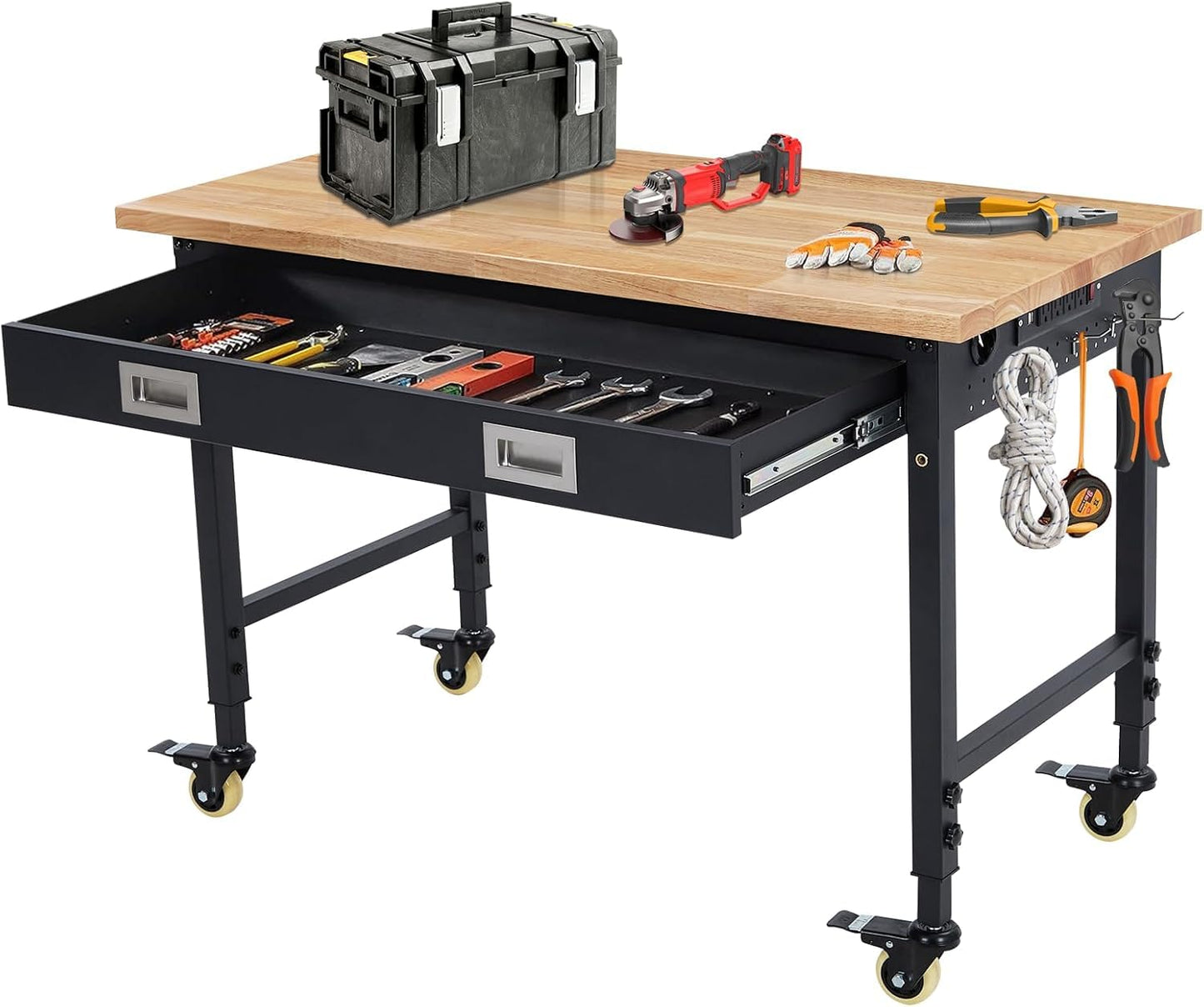 Workbench 48 x 24 Adjustable Height Worktable, Heavy Duty Rubber Wood Top, 2000 LBS Load Capacity, Tool Storage Workstation with Drawer, Pegboard, Power Outlets & Lockable Wheels