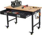 Workbench 48 x 24 Adjustable Height Worktable, Heavy Duty Rubber Wood Top, 2000 LBS Load Capacity, Tool Storage Workstation with Drawer, Pegboard, Power Outlets & Lockable Wheels IDEALHOUSE