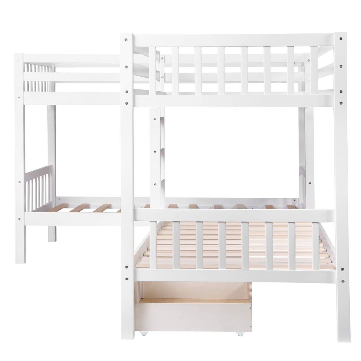 L-Shaped Bunk Bed with Drawers, Bunk Bed for 4 Twin Over Twin for Kids/Teen Wood Quad Bunk Beds Frame, White Bellemave