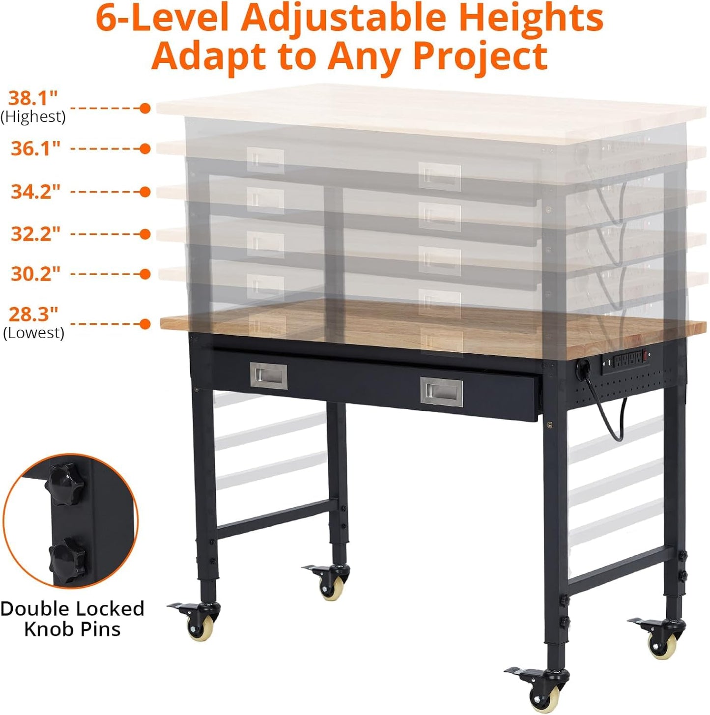 Workbench Adjustable Height 48" x 24" Worktable, Heavy Duty Rubber Wood Top Workbench with Drawer Storage, 2000 Lbs Load Capacity, Mobile Tool Storage Workstation with Power Outlets & Lockable Wheels