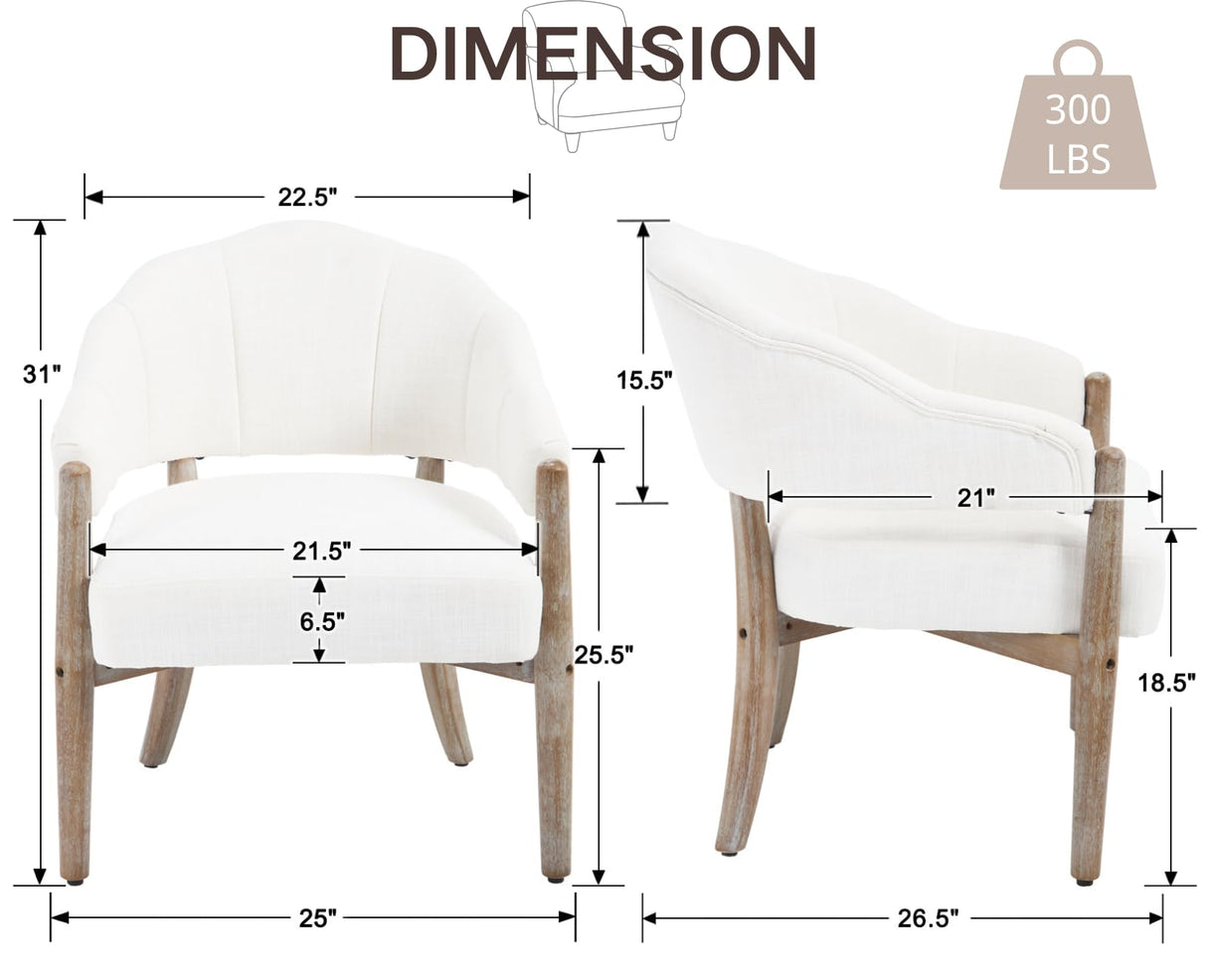 CIMOTA White Accent Chair, Farmhouse Fabric Barrel Chair Linen Upholstered Armchair with Wood Legs, 21.5" Wide Comfy Reading Chair Side Sitting Chair for Living Room/Bedroom/Makeup CIMOTA