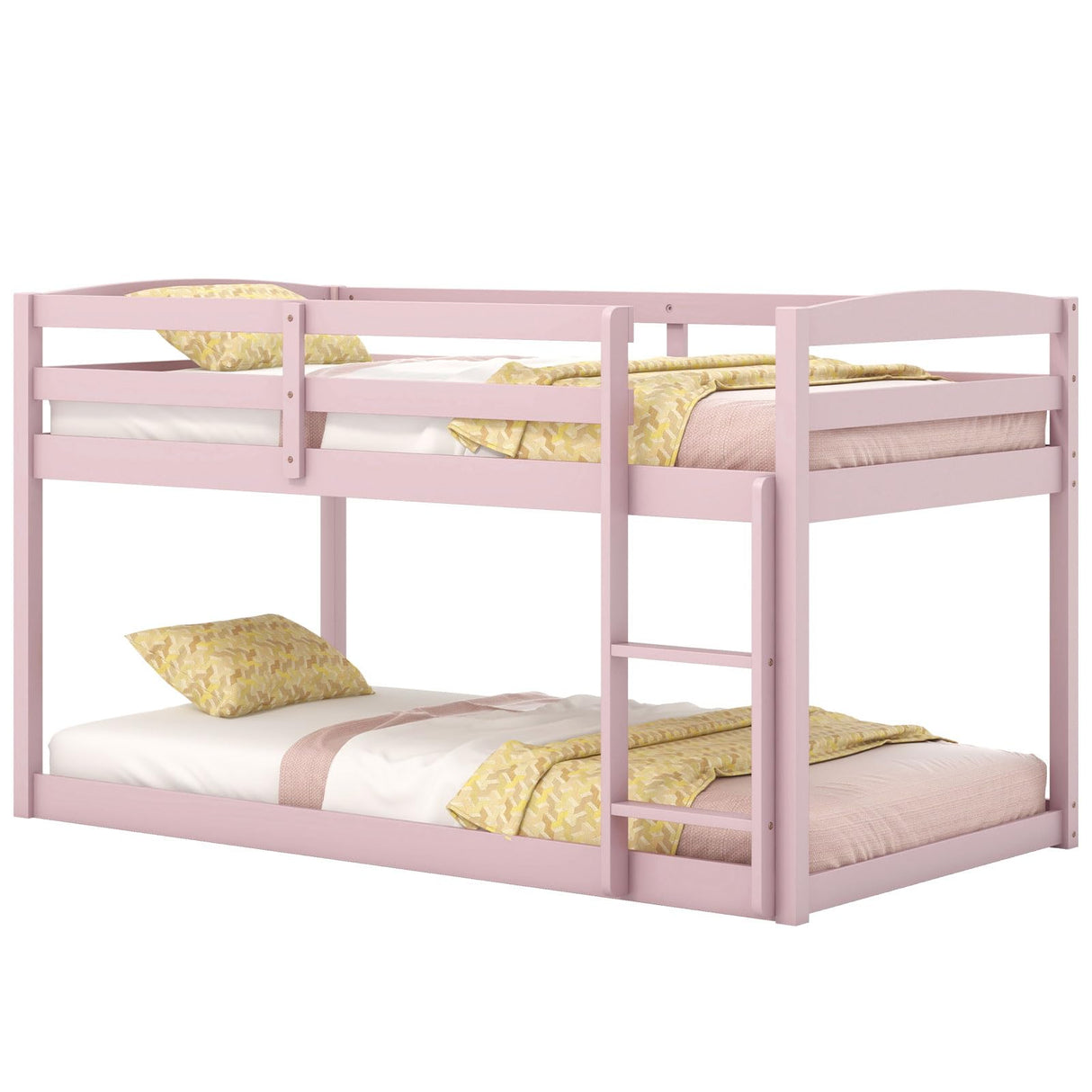 Giantex Twin Low Bunk Bed, Solid Wood Twin Over Twin Bunk Bed Frame with Full Guardrails & Integrated Ladder, Floor Twin Bunk Beds for Kids Boys and Girls, No Box Spring Needed (Pink) Giantex