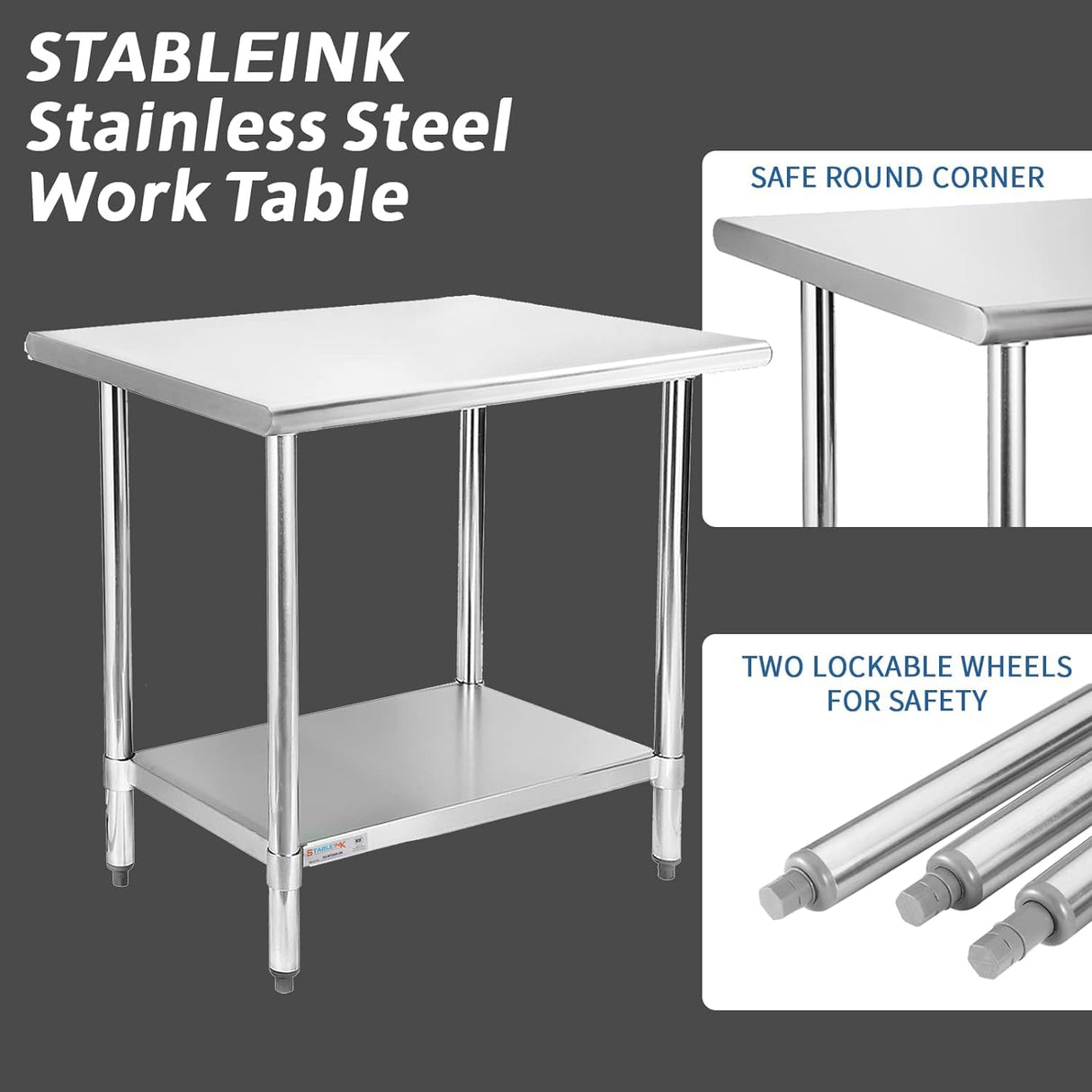STABLEINK NSF Stainless Steel Table, 24 x 48 Inches Metal Prep & Work Table with Adjustable Undershelf, for Commercial Kitchen, Restaurant, Hotel and Garage，Stainless Steel prep Table Work Table STABLEINK