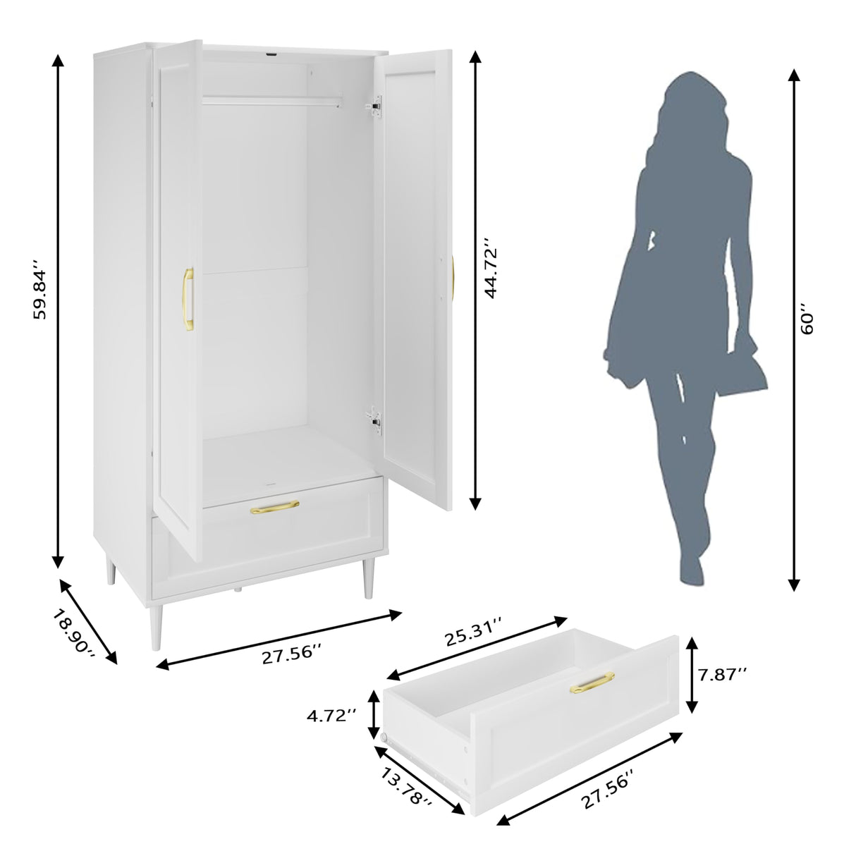 Gyger Wardrobe Closet with Drawer, Armoires and Wardrobes with Shelves and Hanging Rail,Freestanding Wooden Wardrobe Cabinet for Bedroom,White Gyger