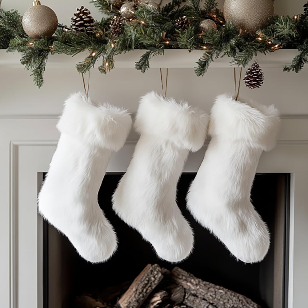 AOGU 3 Pack 18 Inch Snowy White Christmas Stockings Faux Fur Xmas Christmas Stockings Hanging Ornaments Candy Gift Bags for Christmas Decorations AOGU