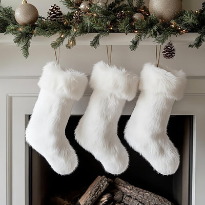 AOGU 3 Pack 18 Inch Snowy White Christmas Stockings Faux Fur Xmas Christmas Stockings Hanging Ornaments Candy Gift Bags for Christmas Decorations