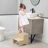 WOOD CITY Wooden Toddler Step Stool for Kids, Bathroom Potty Stool & Kitchen Stool, Natural Two Step Stool for Bedroom, Children's Stool with Handles and Safety Non-Slip Pads WOOD CITY