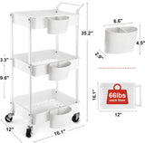 3-Tier Utility Rolling Cart,Mobile Utility Cart with Lockable Caster Wheels,Storage Shelves Organizer Cart, 3 Hanging Baskets, Easy Assembly,for Bathroom, Kitchen, Office, Workshop Hamone