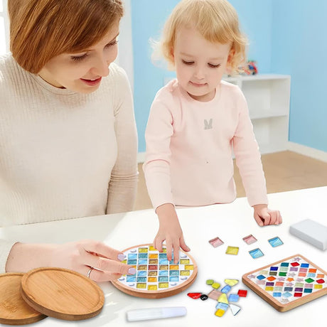 Airsnigi 10 Set DIY Mosaic Tiles for Crafts Mixed Color Mosaic Kits with Wooden Coasters Handmade Glass Coasters Crafts Set for Adult Creative Handmade Home Decoration Gift Airsnigi