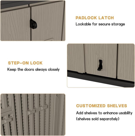 KINYING Outdoor Horizontal Storage Sheds,Outdoor Storage Cabinet Waterproof Resin Tool Storage Box for Lawn Mower,Garden Tools and Patio Furniture, Lockable (Brown) KINYING