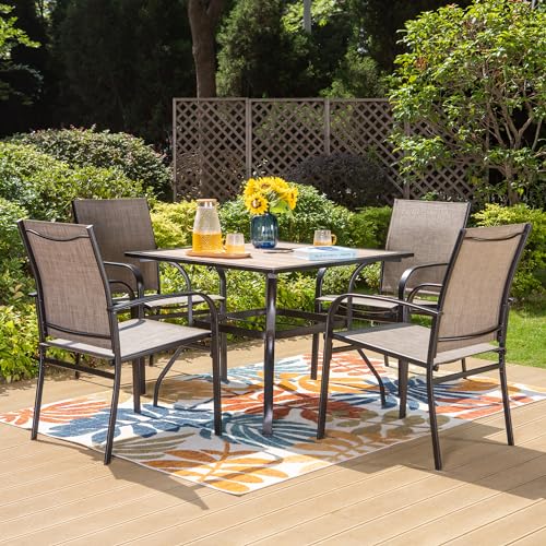HERA'S HOUSE 5 Piece Patio Dining Set, 4 x Brown Textilene Dining Chair and 37" Square Wood-Like Dining Table with Umbrella Hole, Outdoor Table and Chairs Set for Lawn Garden Backyard Deck HERA'S HOUSE