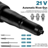 Cordless Rivet Gun,Automatic Brushless Riveter Tool Kit for Rivets 2.4/3.2/4.0/4.8 mm,Portable 21V Lithium-ion Electric with 2 3.0Ah Battery for Stainless Steel, Aluminum Rivets (2 Batteries) iMeshbean