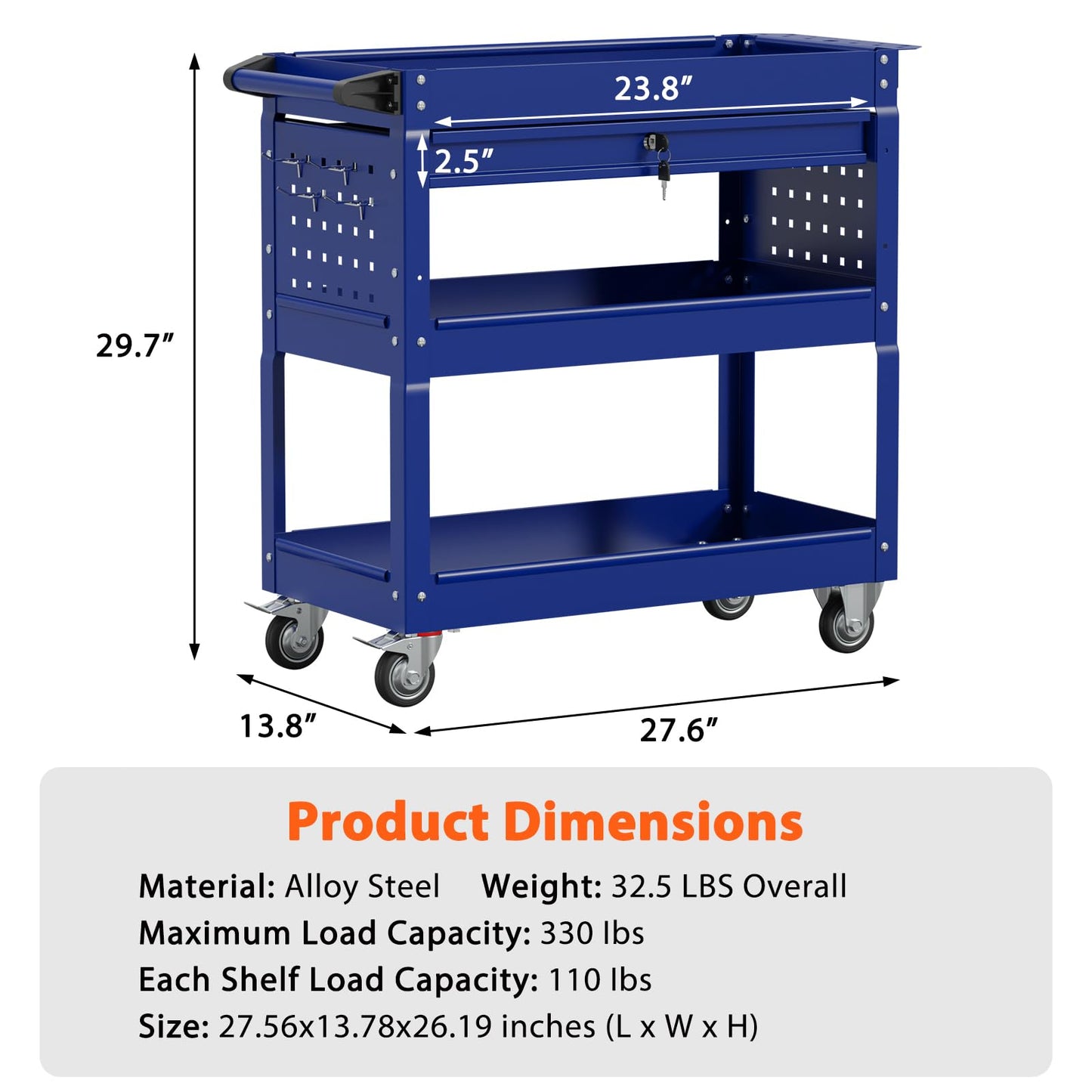 3-Tier Heavy Duty Utility Cart on Wheels, Rolling Tool Cart on Wheels with a Drawer, 350 Lbs Load Capacity Rolling Tool Storage Organizer for Garage, Warehouse and Repair Shop(Dark Blue)