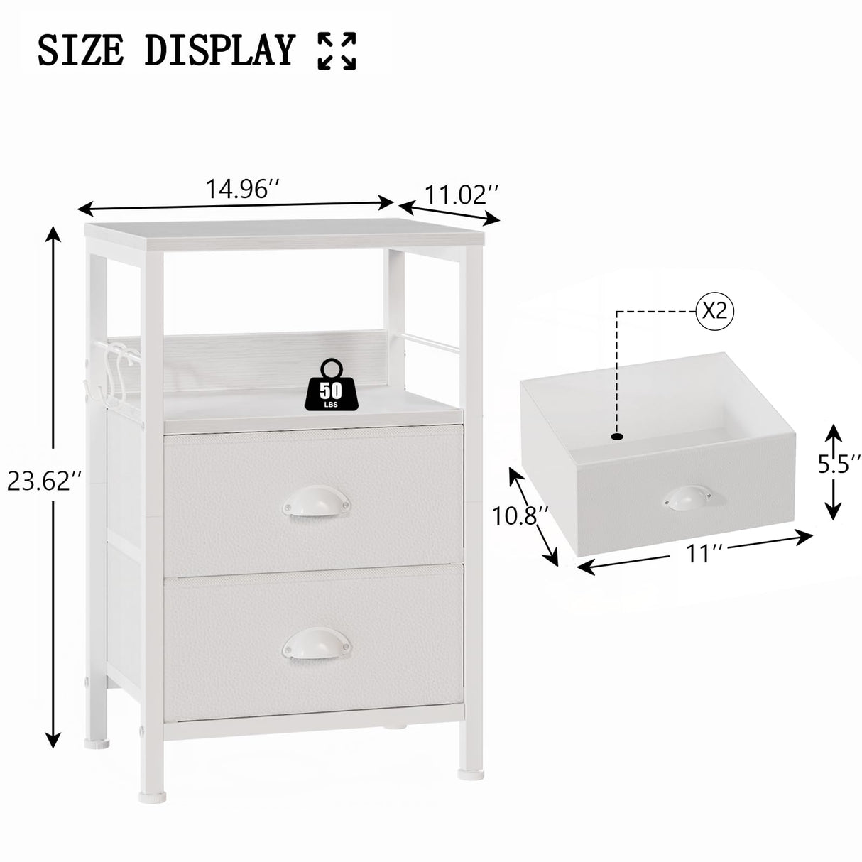 Furologee Nightstands Set 2, End Table with 2 Fabric Drawers, Bedside Table with 2 Hooks, Open Wood Shelf Side Sofa Table for Bedroom/Living Room/Hallway/White Furologee