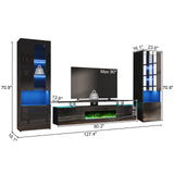 AMERLIFE Entertainment Center with Fireplace and Bookcases, Includes 80" 2-Tier Fireplace TV Stand with 40" Fireplace, 2 x High Gloss Bookshelves with LED Lights & Glass Doors, Obsidian Black AMERLIFE
