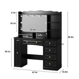 Maupvit Makeup Vanity with Mirror and Lights,Black Vanity Desk with Drawers and Shelves，Large Makeup Table with Glass Top，Bedroom Dressing Table,47.1in Maupvit