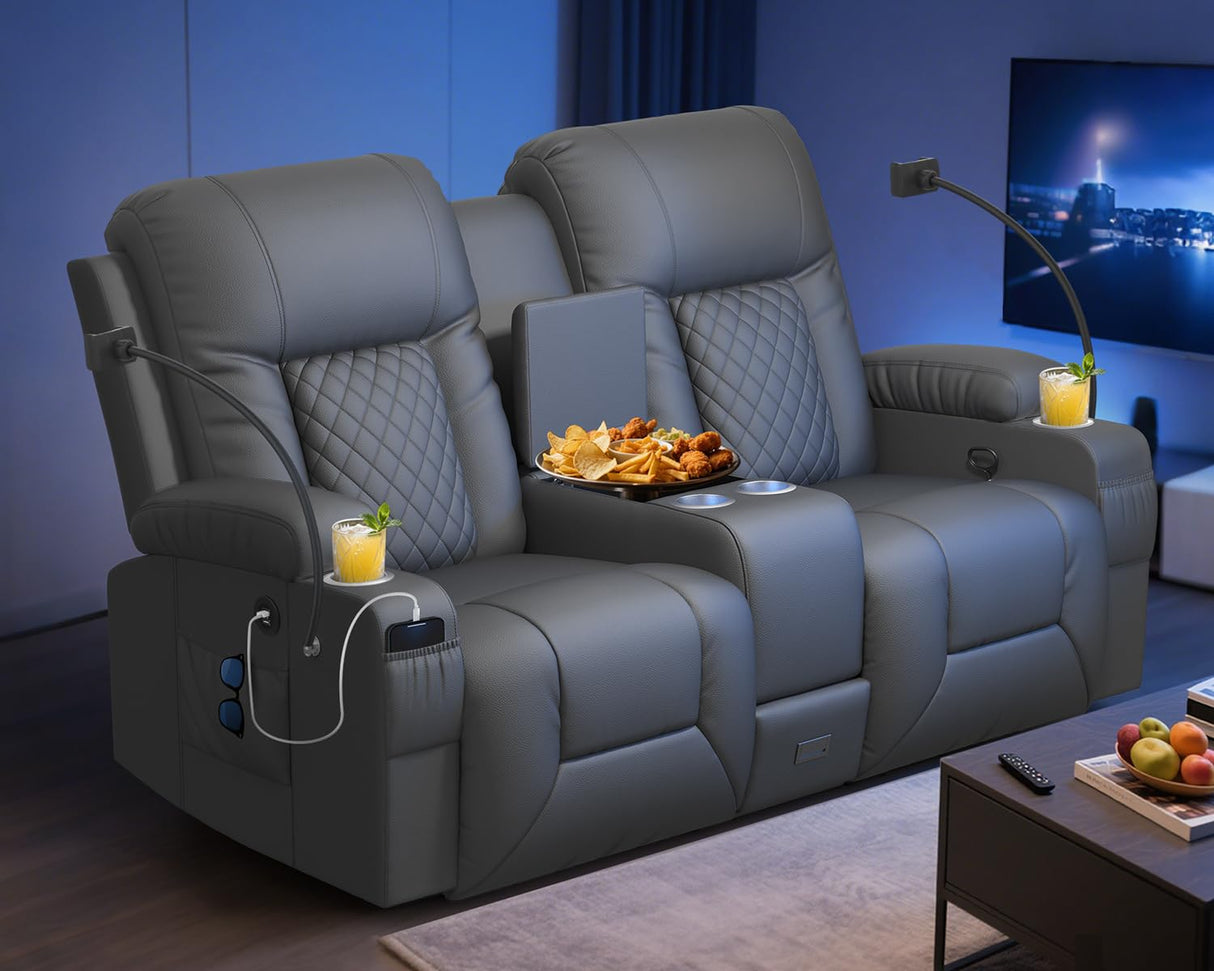 DG PEAFOWL Loveseat Recliner Sofa, Home Theater Seating with Center Console, Reclining Loveseat RV Couch with USB Ports & Phone Holders, Wall Hugger RV Sofa Furniture with Storage & Pocket DG PEAFOWL