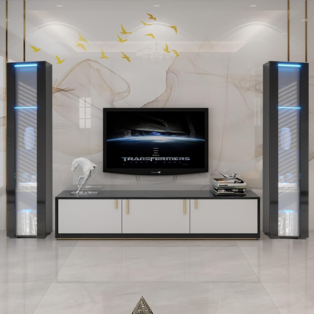 Pvillez 67" LED Display Cabinet with 4 Glass Shelves & 1 Door, Modern Curio Cabinet Collection Display Case Storage Cabinet, High Gloss Floor Standing Bookshelf for Living Room Bedroom Office (Black) Pvillez