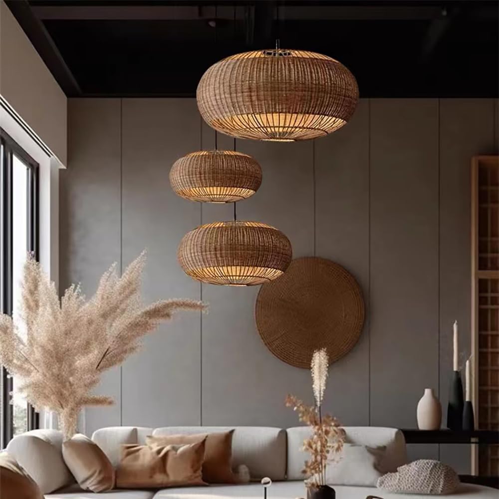 Rattan Handwoven Pendant Lights Adjustable Bamboo Wicker Hanging Lamp, Pendantt Light Fixture With Drum Basket Shade 1 Light Woven Pendant Light For Dining Room Living Room (Not Bulb Included) YUJIDAO