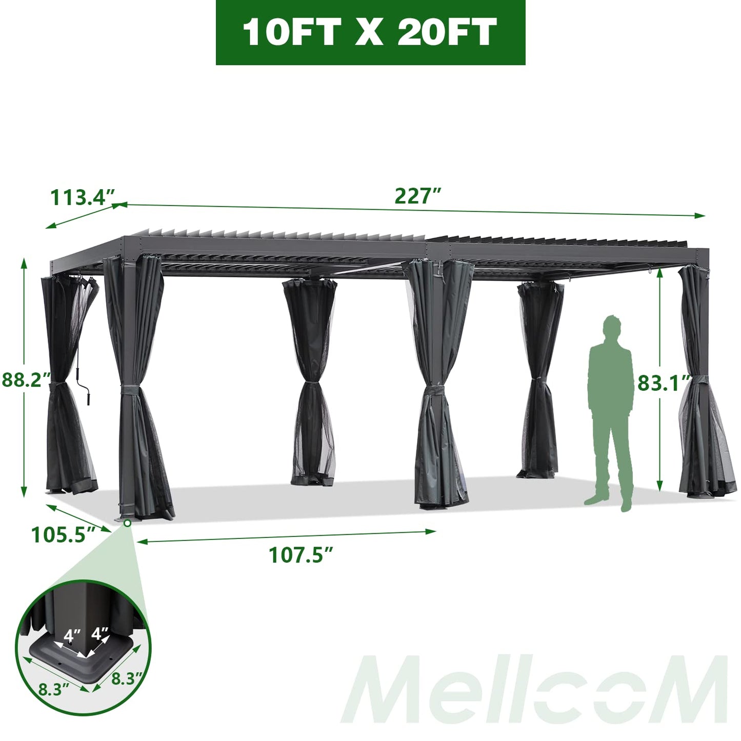 MELLCOM Louvered Pergola 10x20, Aluminum Pergola with Adjustable Louvered Roof, Outdoor Pergola with Waterproof Curtains and Nets, Gray