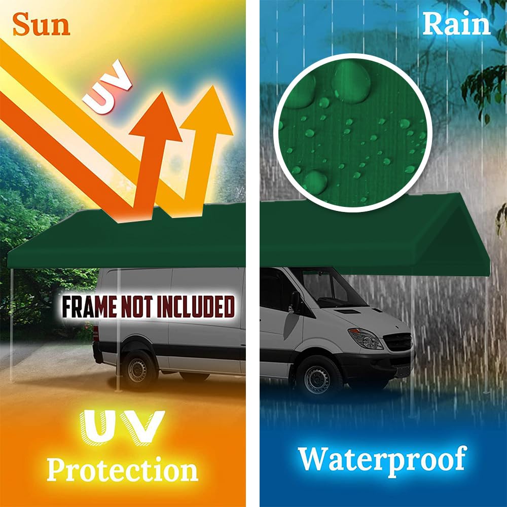 Rutile 10 x 20 FT Carport Replacement Cover, Heavy Duty Car Tarp Canopy Tent Replacement Top w/Ball Bungees Green (Only Top Cover, Frame is not Included) Rutile