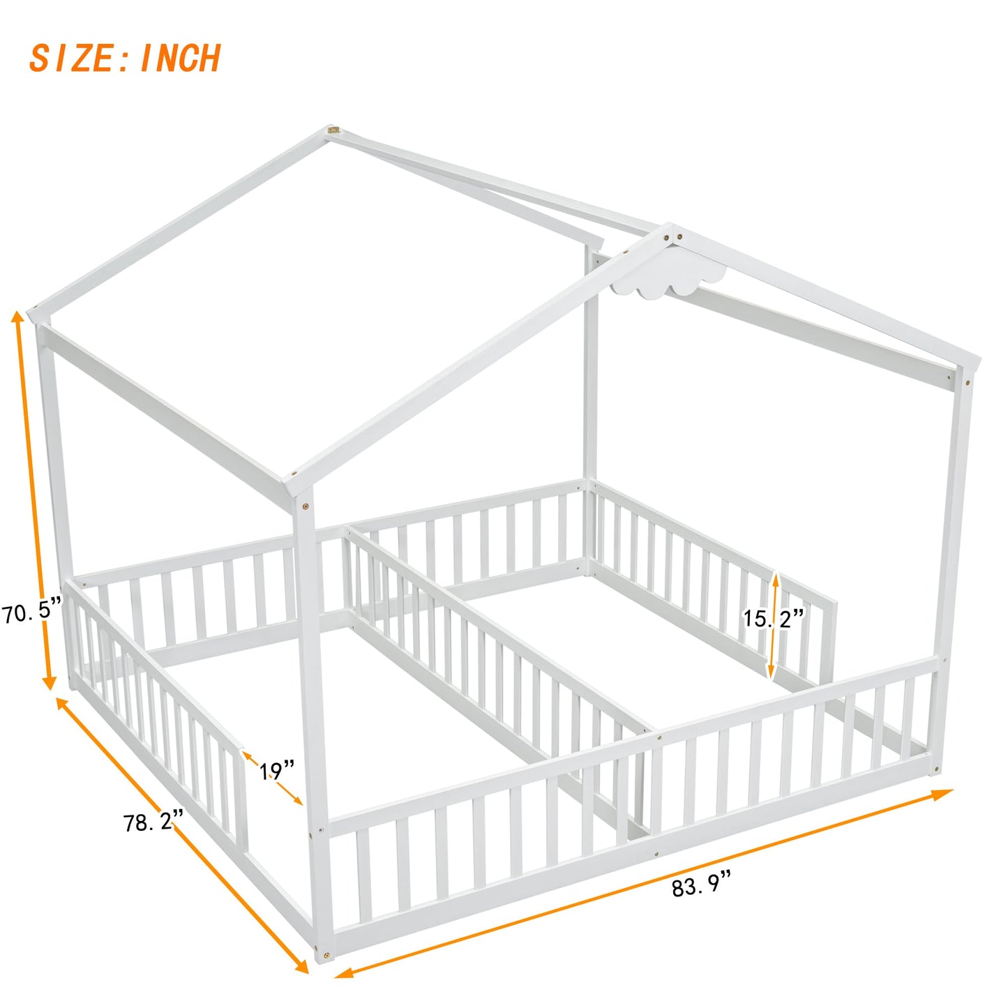 Luckiofvonne Twin House Bed Frame for Kids - Double Montessori Floor Beds with Fence Railings in White - WoodArtSupply