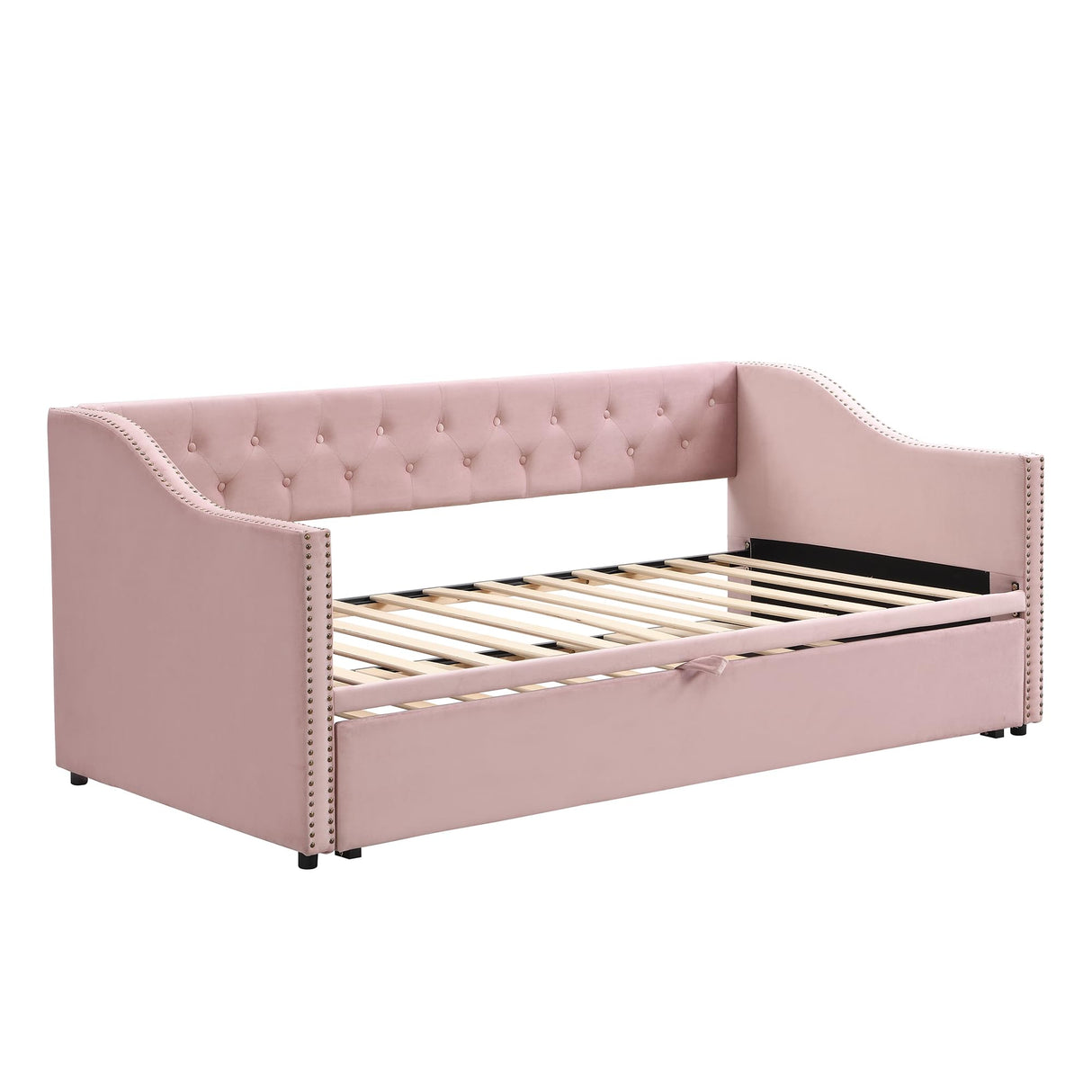 XD Designs Upholstered Daybed with Pop Up Trundle, Twin to King Size Velvet Upholstery Daybed Sofa Bed with Armrests for Bedroom Guest Room Living Room, Maximize Space (Pink-23) XD Designs
