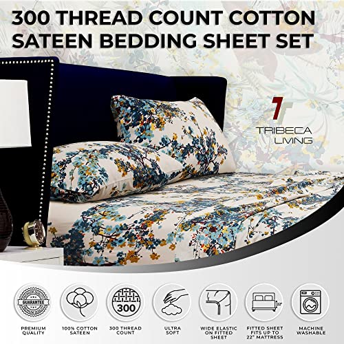 Tribeca Living Deep Pocket Queen Size Sheet Set - 300 Thread Count Cotton Sateen Sheets with 22-Inch Extra Deep Pockets, Oeko-Tex Certified, 4 Bedding Set in Casablanca Multi Print Tribeca Living