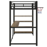 Twin Size Loft Bed with Desk and Storage Shelves,Metal Loft Bed with Basketball Hoop,Heavy Duty Loft Bed Frame for Kids,Teens,Adults,High Loft Bed Frame Twin Size, Space Saving, Black Bellemave