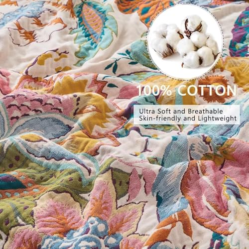 ERZVND Boho Throw Blanket Farmhouse Decor Throw Blanket Bohemian Blanket for Bed 100% Cotton Muslin Woven Couch Blanket All Seasons Quilt Bedroom (Beige, 50"x60") ERZVND