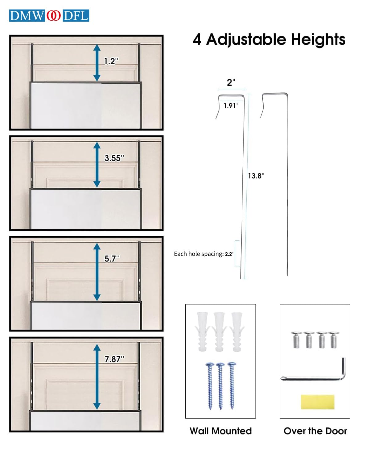 DMWOODFL 48" x 14" Over The Door Mirror Full Length Mirror Door Mirror Wall Mirror Hanging with 2 Metal Hangers for Bedroom Living Room Bathroom White DMWOODFL