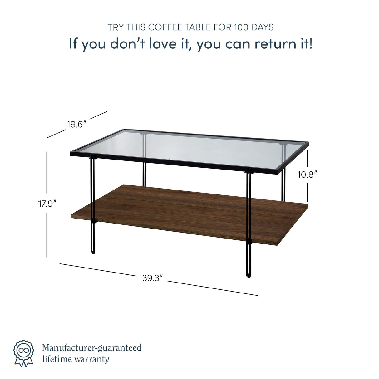 Nathan James Asher Mid-Century Rectangle Coffee Table Glass Top and Wood Finish Storage Shelf with Metal Legs, Walnut/Black Nathan James